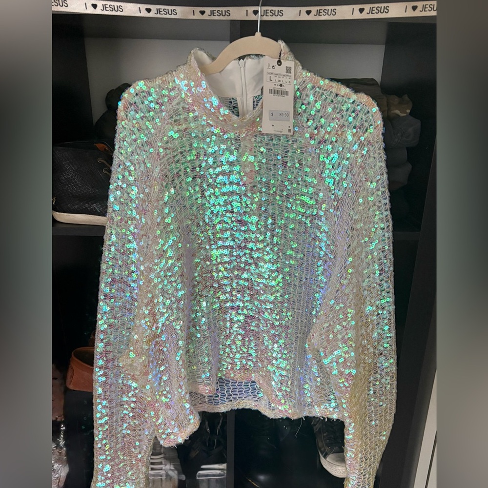 Zara Iridescent Sequin Blouse - White and Green